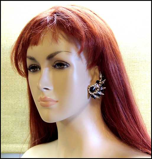 D&E Juliana Earrings Black n Clear Crystal Feathers 1950s Jewelry