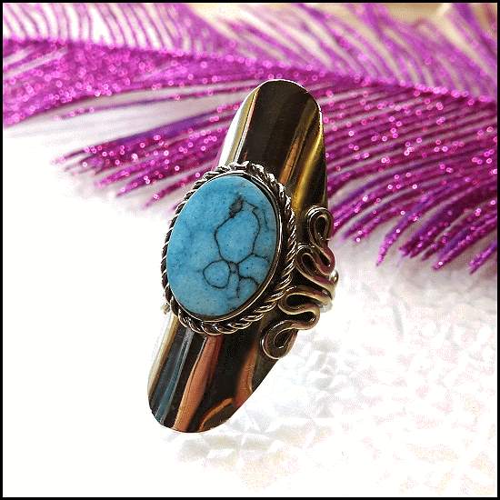 1970s Vintage Unique Sterling Turquoise Ring Long Design 
