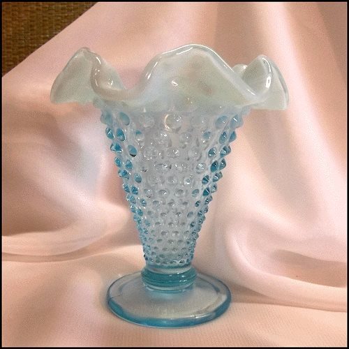 1940s Vintage Fenton Blue Hobnail Opalescent Small Art Glass Vase