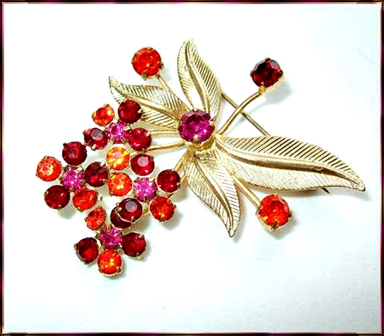 1940s Austrian Signed Orange n Pink Crystal Pin w Earrings Set