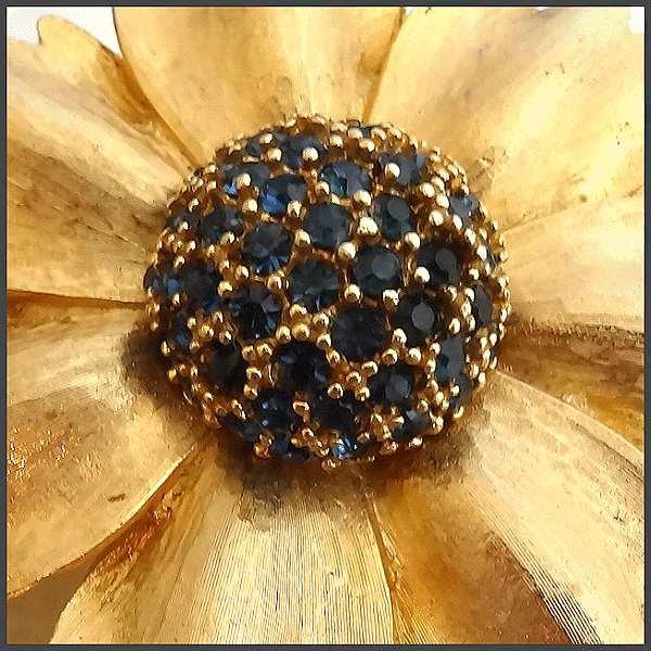 1950s Les Bernard Gold Flower Blue Rhinestone Vintage Brooch