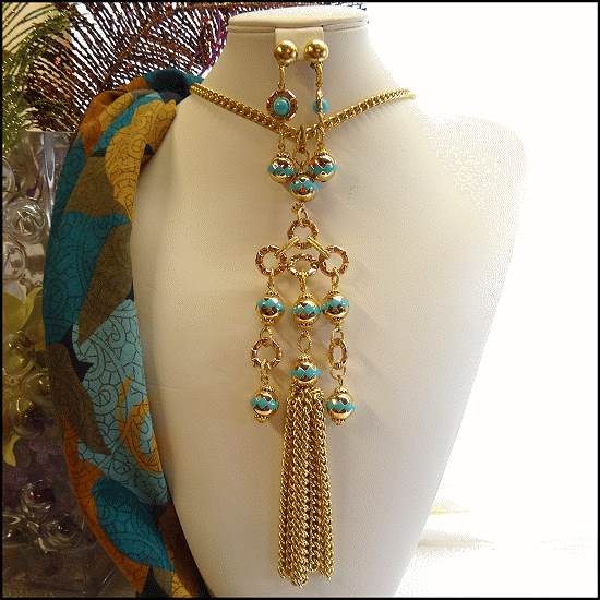 1960s Vintage Long Tassel Necklace w Earrings Gold w Turquoise Set