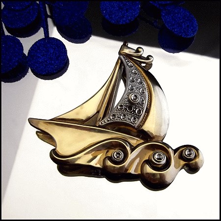 Antique Art Deco Nautical Brooch Gold Sailboat