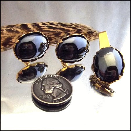 1960s Hematite Vintage Cufflinks w Tie Clasp Set