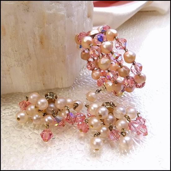 1950s Pink Pearl w Austrian Crystals Vintage Wrap Bracelet w Earrings Set