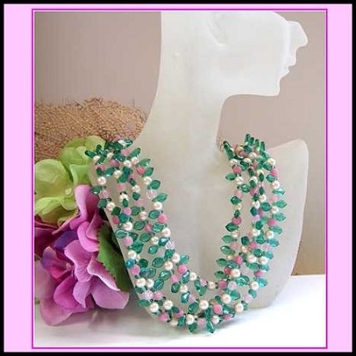1940s Rare French Givre Pink Green Glass w Pearls Vintage Necklace