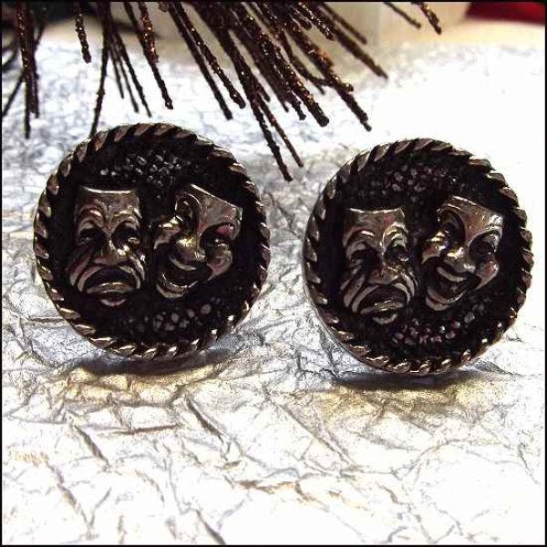 1950s Antiqued Silver Comedy Tradegy Vintage Cufflinks