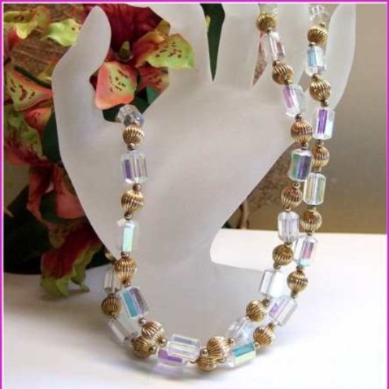 1940s Austrian Barrel Crystal Vintage Necklace w Gold Beads