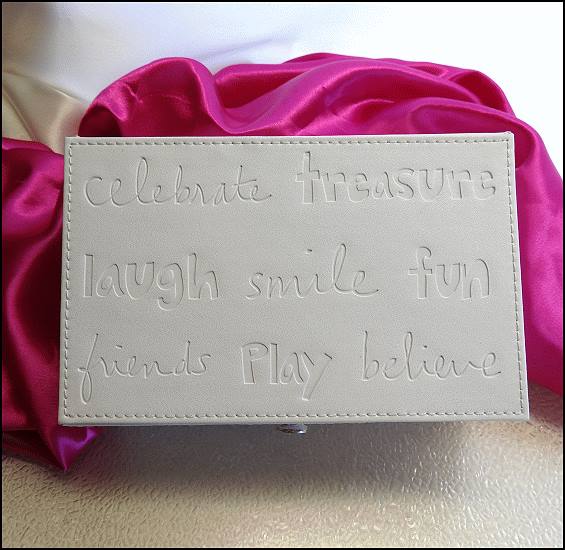 Sarah Magsamen Jewelry Box White Leather Celebrate Laugh Believe