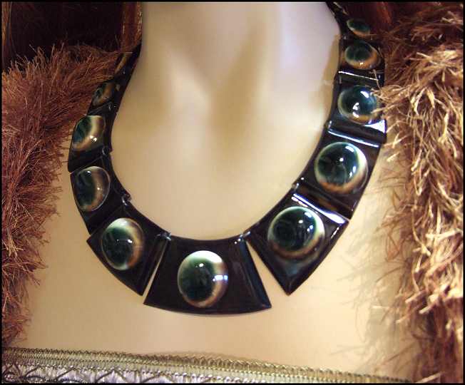 1930s Rare Art Deco Necklace Carved Tortoise Shell w Cats Eyes 