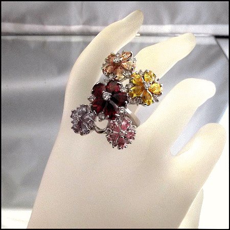 Big Gemstone Flower Ring Yellow Pink Red Cluster Design Size 9