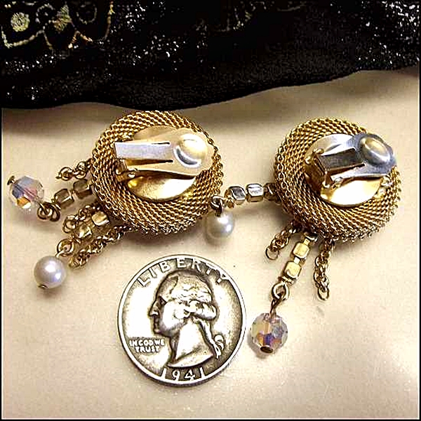 1950s Hattie Carnegie Gold Mesh Hoop Crystal Dangle Vintage Earrings