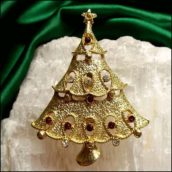 1960s Vintage Christmas Tree Pin Gold w Red n Clear Crystals by Jonet
