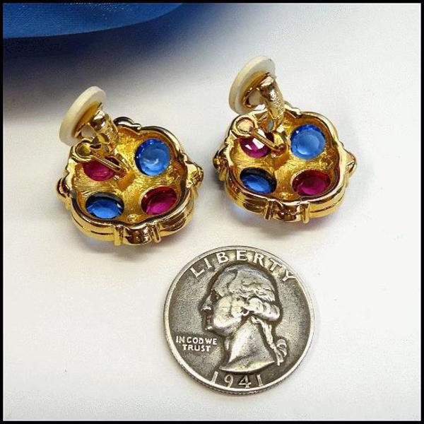 Vintage Swarovski Signed Clip Earrings Jewel Tone Crystals