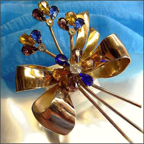 1950s Vintage Sterling Brooch Coro Pegasus Gold Vermeil Crystal Flower 
