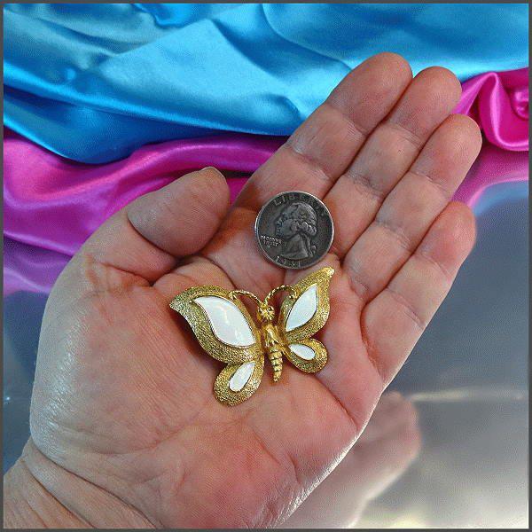 1950s Signed Florenza Gold White Butterfly Vintage Brooch