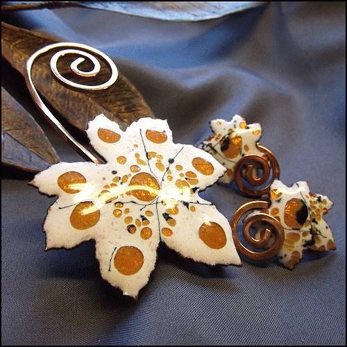 1950s Copper Enamel Leaf Pin w Earrings Signed Matisse Set