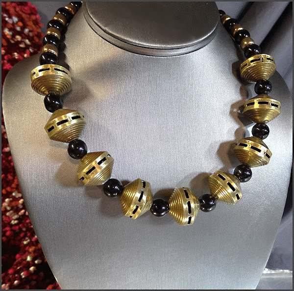 1960s Moroccan Brass n Black Glass Beads Vintage Ethnic Necklace