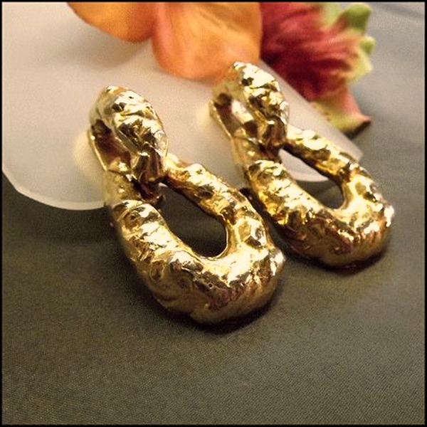 1980s KJL Signed Modern Gold Door Knocker Hoop Earrings