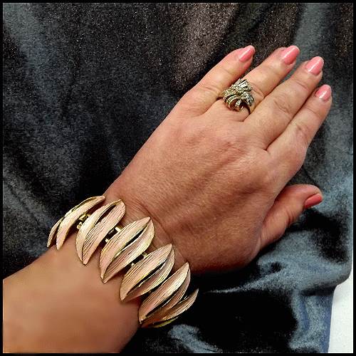 1950s Signed ART Pink n Gold Feather Vintage Bracelet