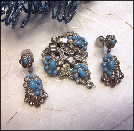 1920s Art Deco Dress Clip w Earrings Turquoise w Crystals Set