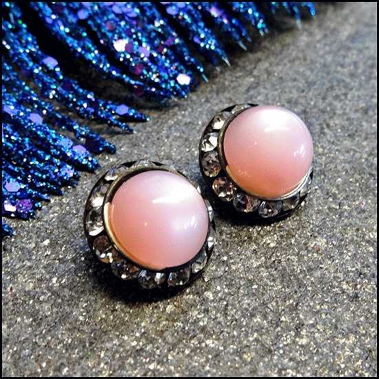 1950s Vintage Earrings Pink Moonstone Buttons w Rhinestone Frames by Coro