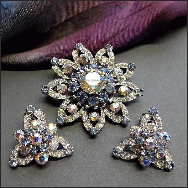 1950s RARE Vintage Austria Signed Crystal Pin w Earrings Snowflakes