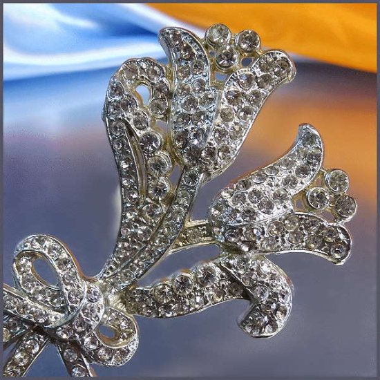 1930s Antique Brooch Big Silver Pot Metal Rhinestone Flower 