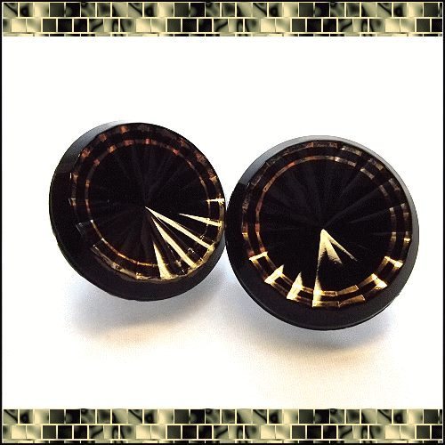 1950s Black Glass w Gold Beveled Button Vintage Earrings