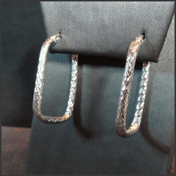 925 Sterling Silver Diamond Etched Rectangular Hoop Pierced Earrings