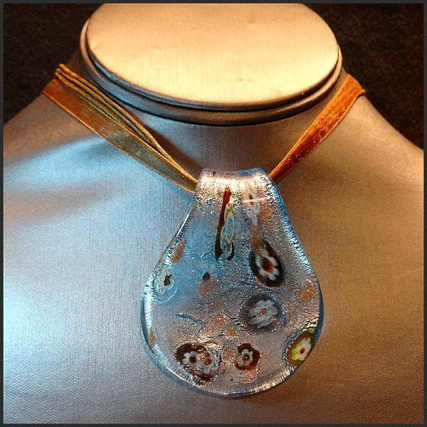 1980s Vintage Murano Necklace Silver Blue Millefiori Glass Pendant