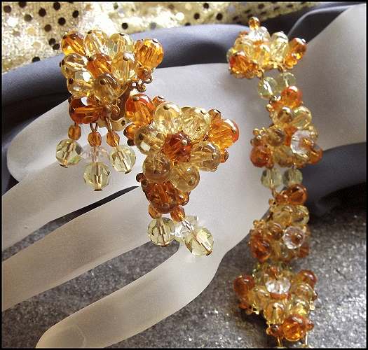 1950s Designer Citrine Crystal Bubbles Vintage Bracelet w Earrings Set