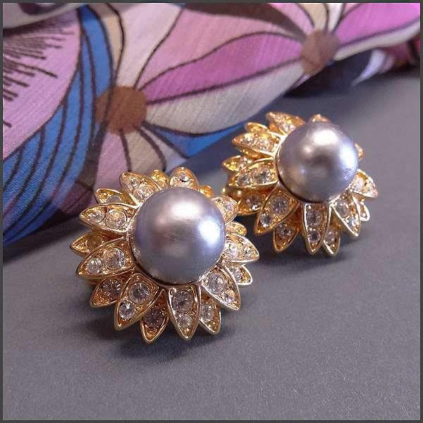 Joan Rivers Signed Grey Pearl Rhinestone Vintage Clip Earrings