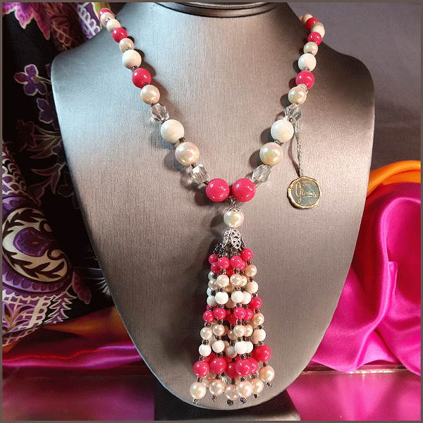 1960s Vintage Hot Pink Pearl Tassel Necklace w Crystals Signed Glamour 