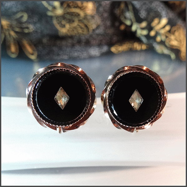 1940s Vintage 14 kt Gold GF Diamond and Black Onyx Fine Jewelry Earrings