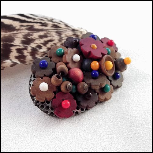 1930s Antique Flower Brooch Handmade Wood Beads Signed Czechoslovakia 