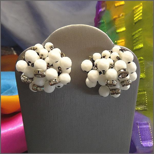 1940s Vintage Milk Glass Earrings West Germany w Rhinestone Rhondells