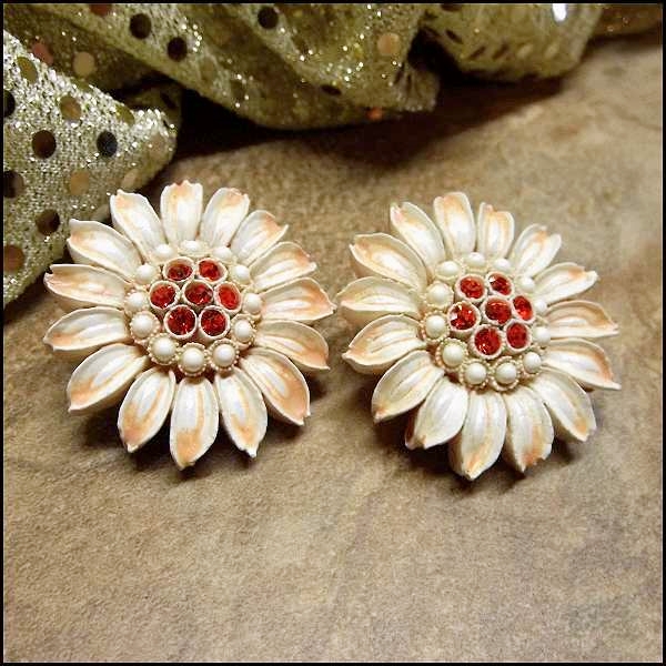 1950s Signed CORO Celluloid Rhinestone Flower Vintage Earrings