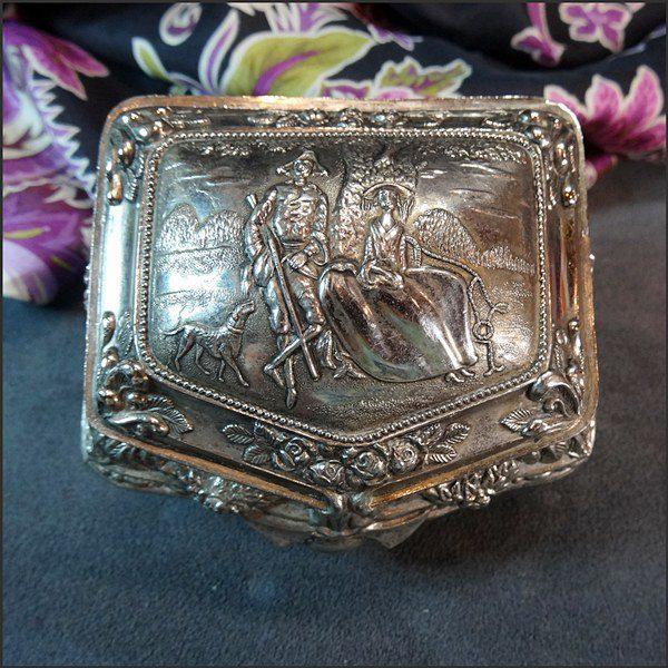 Vintage Silver Jewelry Box Hunting Scene w Baroque Decor