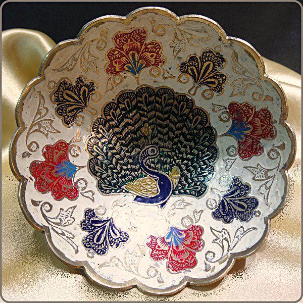 1960s Vintage Brass Peacock Bowls Hand Painted Set of 3