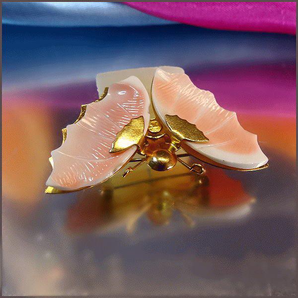 1960s Vintage Butterfly Pin Petite Pink Conch Sea Shell Pendant