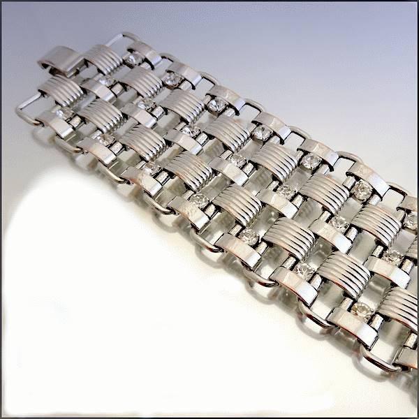 1950s Modern Silver Link w Crystals Wide Retro Vintage Bracelet