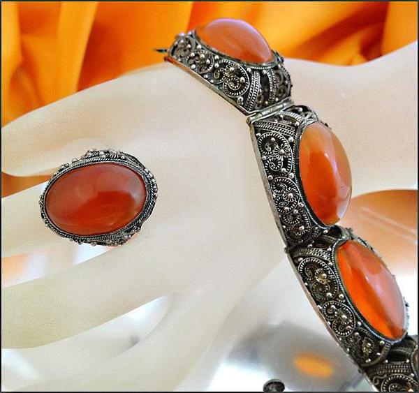 Great Antique Chinese Silver Orange Chalcedony Bracelet Earrings Brooch Ring Set 