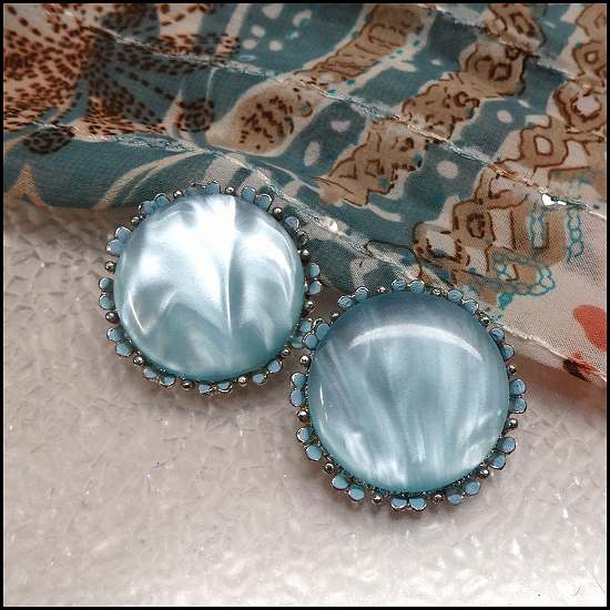 1950s Coro Vintage Clip Earrings Blue Pearl Lucite Buttons 