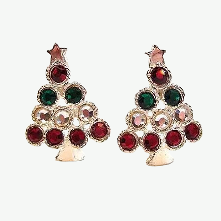 1980s Vintage Christmas Tree Earrings Silver w Red Green Rhinestones 