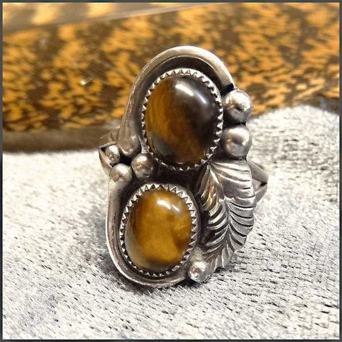 1970s Vintage Native American Ring Sterling Silver w Tigers Eye Sz 11