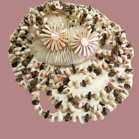 Vintage Mother of Pearl Necklace w Earrings Rare Pink White Grey