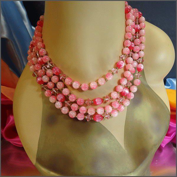 1960s Vintage LISNER Necklace 4 Strands Pink Moonstones w Crystals