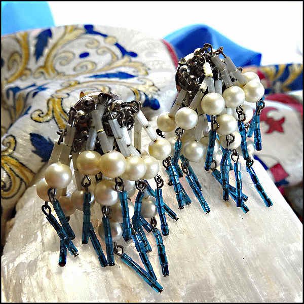 1950s Signed Hobe Pearl Earrings w Sapphire Glass Dangles