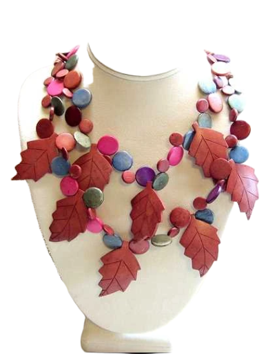 1980s Vintage Wood Necklace Costa Rican Tropical Hardwood Leaf Design